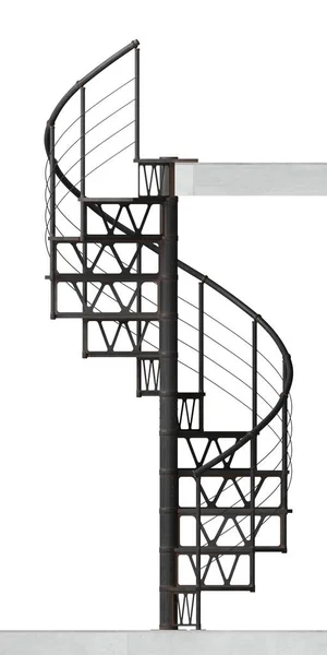 3Dイラスト ロフトスタイルのスパイラルメタル階段 白い背景のコンクリート壁 — ストック写真