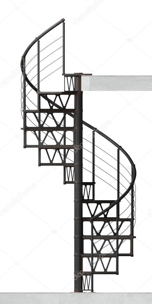 3d illustration. Spiral metal staircase in the loft style. Concrete wall on white background