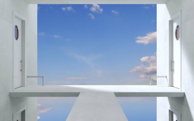 3 boyutlu illüstrasyon. İş konsepti metaforu köprü kapısı ofisi. Gökdelen. İş yerinde iletişim ve iletişim. İlişkiler