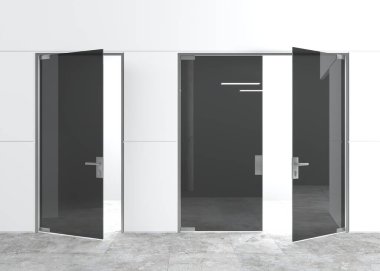 3D çizim. Modern cam kapılar hall veya koridor. Arka plan iç. Kamu Binası. Ofis dolapları, soyunma odaları