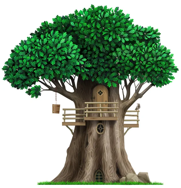 Fabuloso Roble Forma Casa Gráficos Vectores Casa Del Árbol — Vector de stock