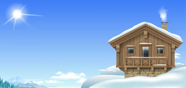 Casa Chalet Alpino Las Montañas Nevadas Fondo Banner Estación Esquí — Vector de stock