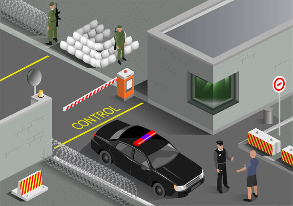 Isometric project of the post of the military guard of the zone. Entrance gate to the secret base.