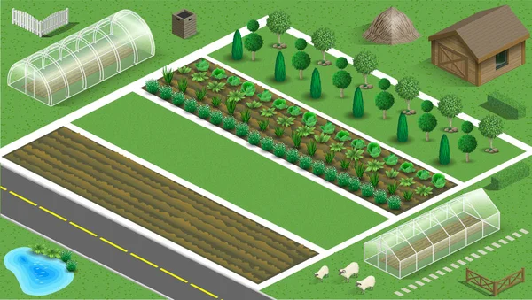 Ensemble Éléments Pour Une Ferme Projet Régime Bâtiments Clôtures Jardin — Image vectorielle