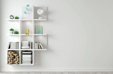 3 boyutlu illüstrasyon. Çatı katı tarzında modern iç mimari arka plan beyaz ışık duvarı. Mobilyalar ve raflar. Kitaplık. Yaratıcılık Stüdyosu