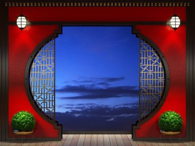 3 boyutlu illüstrasyon. Kırmızı ve altın. Doğu Asya duvarları. Altın perdeli..