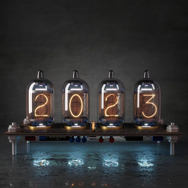 Illustration Steampunk Clock Tube Processor Calendar Date 2023 New Year — Stock Photo, Image