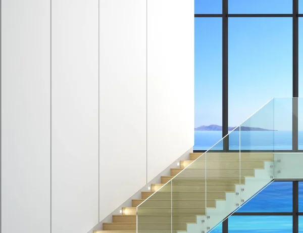 3d illustration. Modern staircase with glass railings in the interior