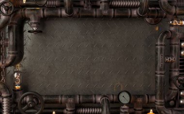 3 boyutlu illüstrasyon. Arka plandaki karanlık duvar tavan arası, borulardan gelen steampunk lamba. Ya afiş ya da makara. Alıntı