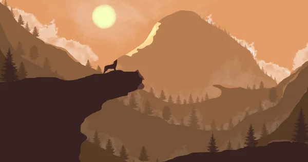늑대는 가파른 절벽의 가장자리에 태양이 매달려 바위와 사이에서 울부짖는다 — 스톡 사진