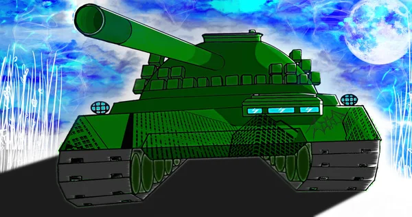Ein Grüner Militärpanzer Umgeben Von Blauem Dunst Über Dem Der — Stockfoto