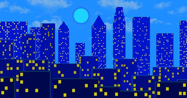 Ночной Город Синей Тени Много Небоскребов Высоких Домов Голубой Луной — стоковое фото