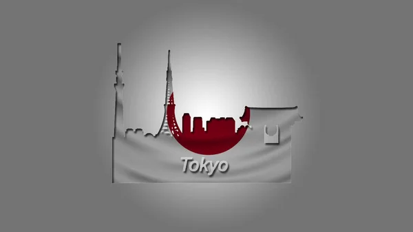 Zarys Tokio Ozdobiony Flagą Japonii Jego Nazwa Jest Zapisana Zarysie — Zdjęcie stockowe