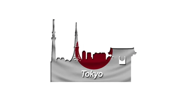 Zarysy Tokio Ozdobione Flagą Japonii Jego Nazwa Jest Zapisana Zarysie — Zdjęcie stockowe