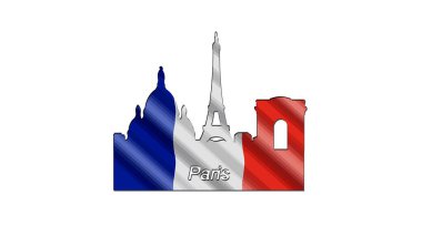 Fransa bayrağıyla süslenmiş Paris şehrinin ana hatları. Yerel ve en ünlü manzaralar tasvir edilir.