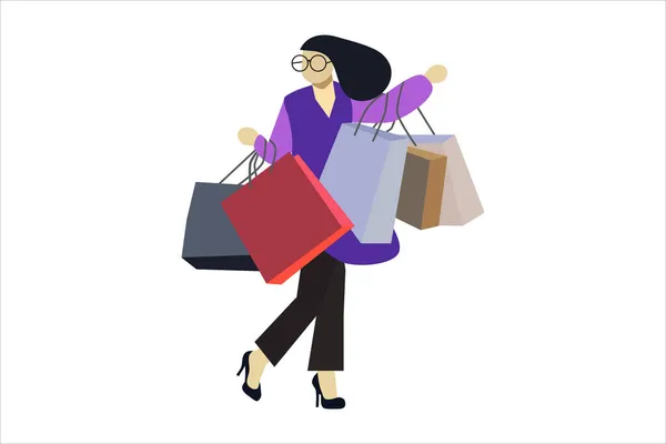 Mujer Compras Hermosa Mujer Con Bolsas Compras Bolso Mano — Vector de stock