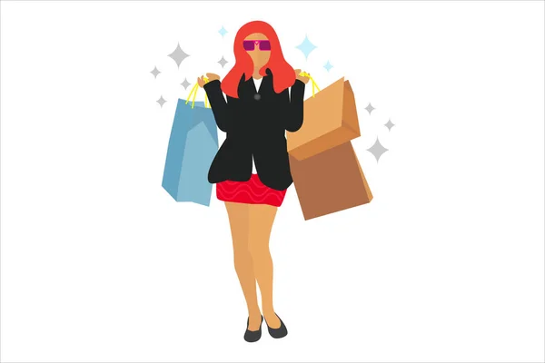 Mujer Compras Hermosa Mujer Con Bolsas Compras Bolso Mano — Vector de stock