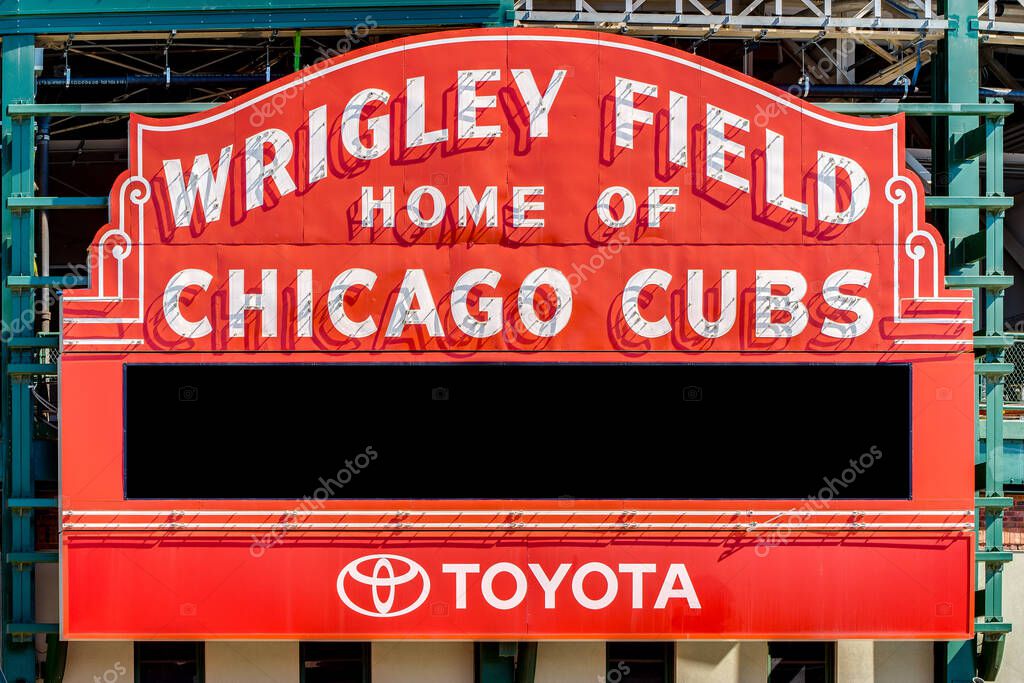 CHICAGO, IL, USA - MARCH 25, 2019: Major League Baseball's Chicago Cubs' Wrigley Field stadium blank marquee sign.