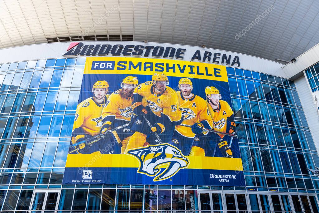 NASHVILLE, TN, USA - APRIL 28, 2021: The Bridgestone Arena is home to the Nashville Predators, located in the downtown Nashville. The venue holds hockey games, concerts, and other events.