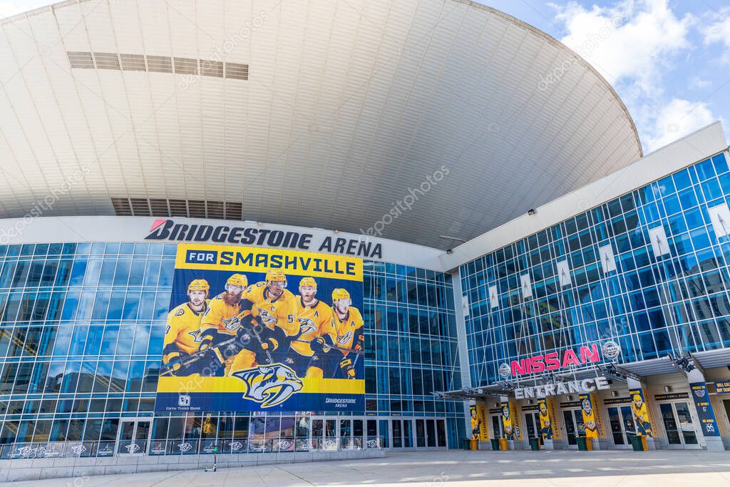 NASHVILLE, TN, USA - APRIL 28, 2021: The Bridgestone Arena is home to the Nashville Predators, located in the downtown Nashville. The venue holds hockey games, concerts, and other events.