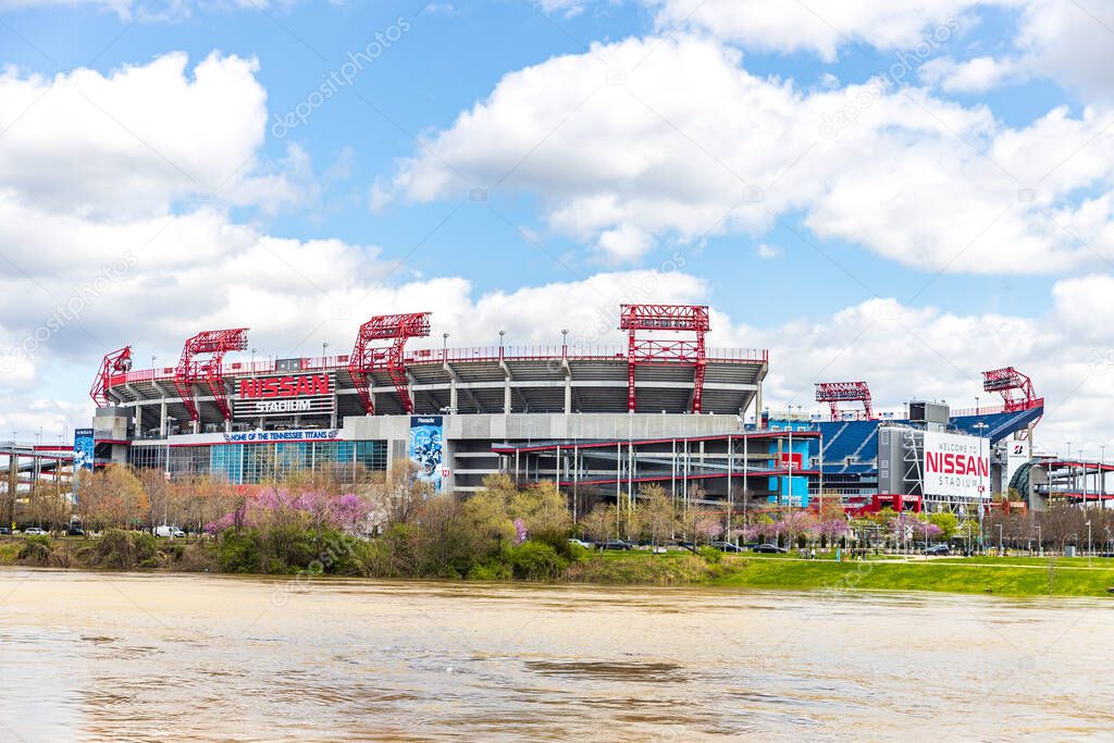 NASHVILLE, TN, USA - MARCH 28, 2021: Nissan Stadium is mainly home to the NFL's Tennessee Titans but also hosts other football and soccer games, concerts, and events. Located across Cumberland River.