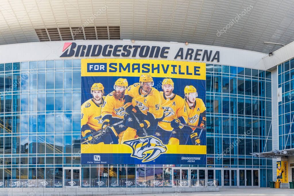 NASHVILLE, TN, USA - APRIL 28, 2021: The Bridgestone Arena is home to the Nashville Predators, located in the downtown Nashville. The venue holds hockey games, concerts, and other events.