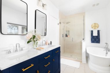 ELMHURST, IL, ABD - 2 Eylül 2021: Mavi makyaj dolabı, fayanslı duşu ve standalone banyo küveti olan güzel yenilenmiş bir banyo.
