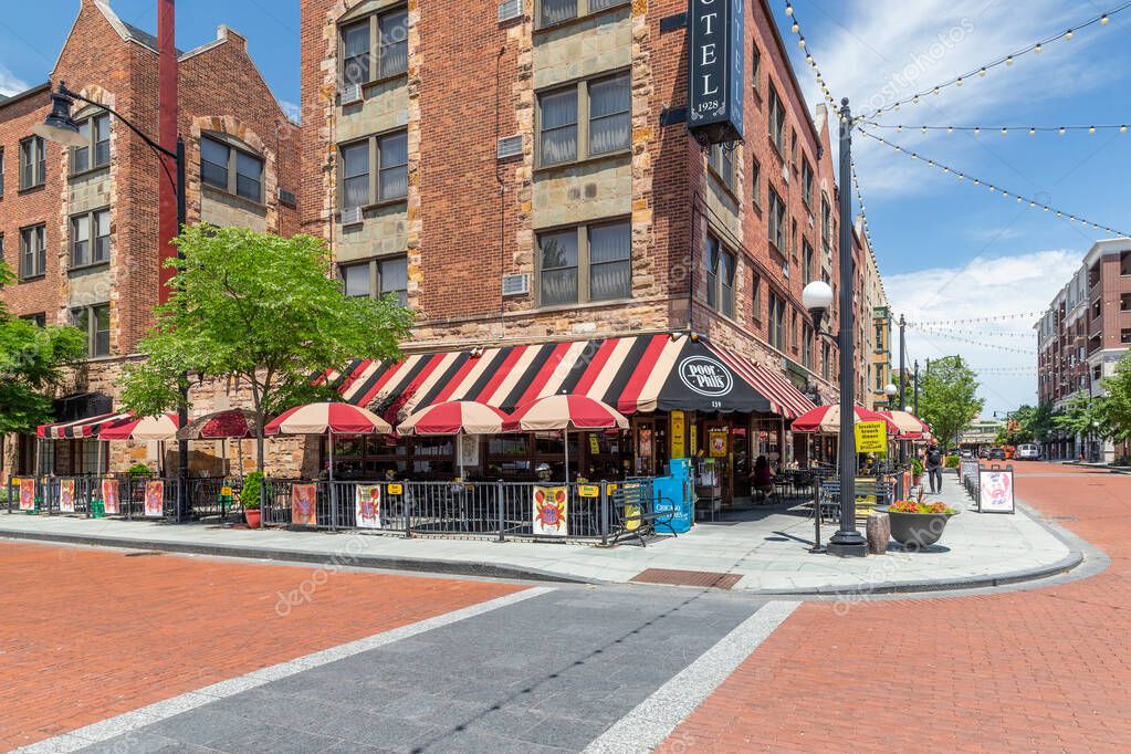 OAK PARK, IL, USA - JULY 1, 2019: Poor Phil's Bar and Grill is a local favorite in downtown Oak Park that is a sports bar that features Cajun and seafood.