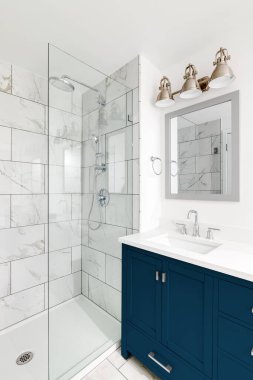 Şikago, IL, ABD - 4 Ocak 2020: lacivert kibri ve bronz donanımlı zarif, yenilenmiş bir banyo. Duşta büyük bir duş başlığı, mermer fayanslar ve kenarlarda cam duvar var..