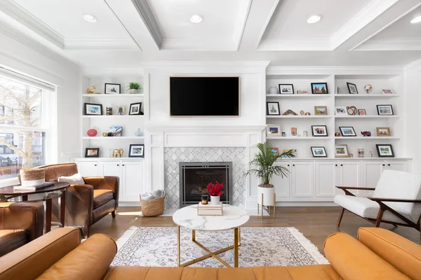 Elmhurst Usa March 2021 Luxurious White Living Room Coffered Ceiling — Stock Photo, Image