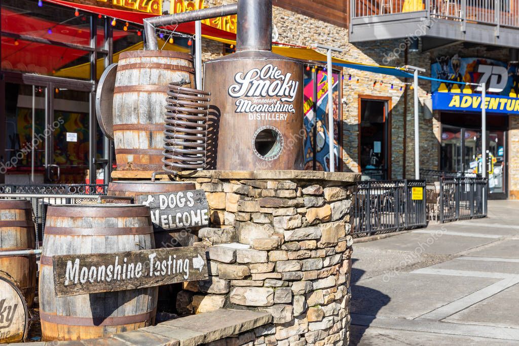 GATLINBURG, TN, USA - MARCH 28, 2021: The Ole Smoky Distillery is located in downtown Gatlinburg, featuring the original distillery location for the popular moonshine brand.
