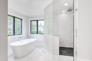 ELMURST, IL, ABD - 17 Ağustos 2019: Standalone küveti ve cam ve fayanslı duvarlarla dolu duşlu büyük lüks bir banyo.
