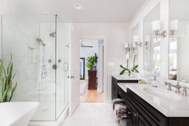 OAK PARK, IL, ABD - 18 Eylül 2020: Koyu ahşap kibri, cam bir duş ve ayakta duran bir küvet ve yatak odası manzaralı lüks bir banyo.