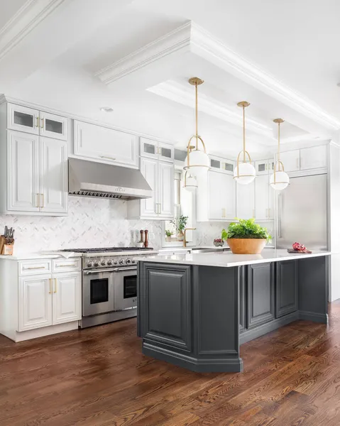 ELMHURST, IL, ABD - 2 Temmuz 2020: Büyük bir ada, paslanmaz çelik Thermador cihazları, altın donanım, ışıklar ve musluk ile lüks beyaz ve gri bir mutfak.