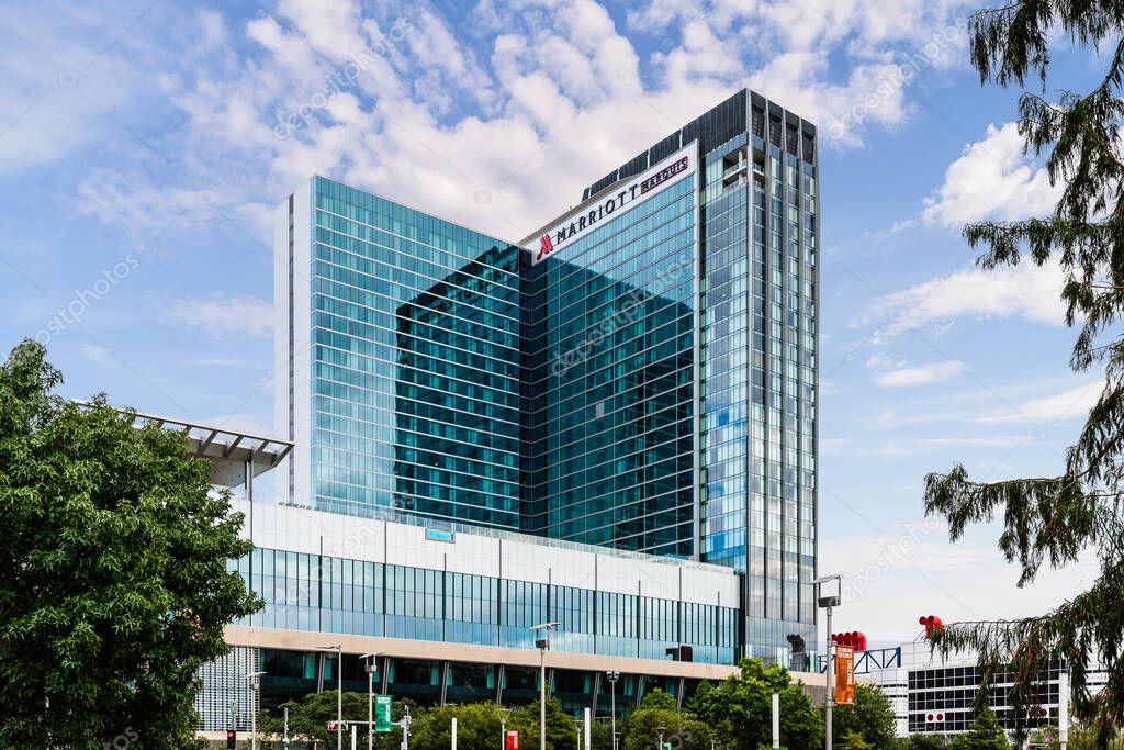 HOUSTON, TX, USA - SEPTEMBER 11, 2018: The Marriott Marquis is a Four Diamond hotel located in downtown Houston and features a Texas shaped pool, five restaurants and beautiful views from all angles.