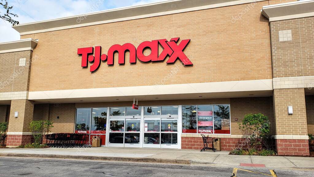 ROMEOVILLE, IL, USA - AUGUST 21, 2018: T.J.Maxx, owned by TJX Companies, is an American department store chain that sells brand name items for less. This brand also owns HomeGoods, Marshalls, & more.