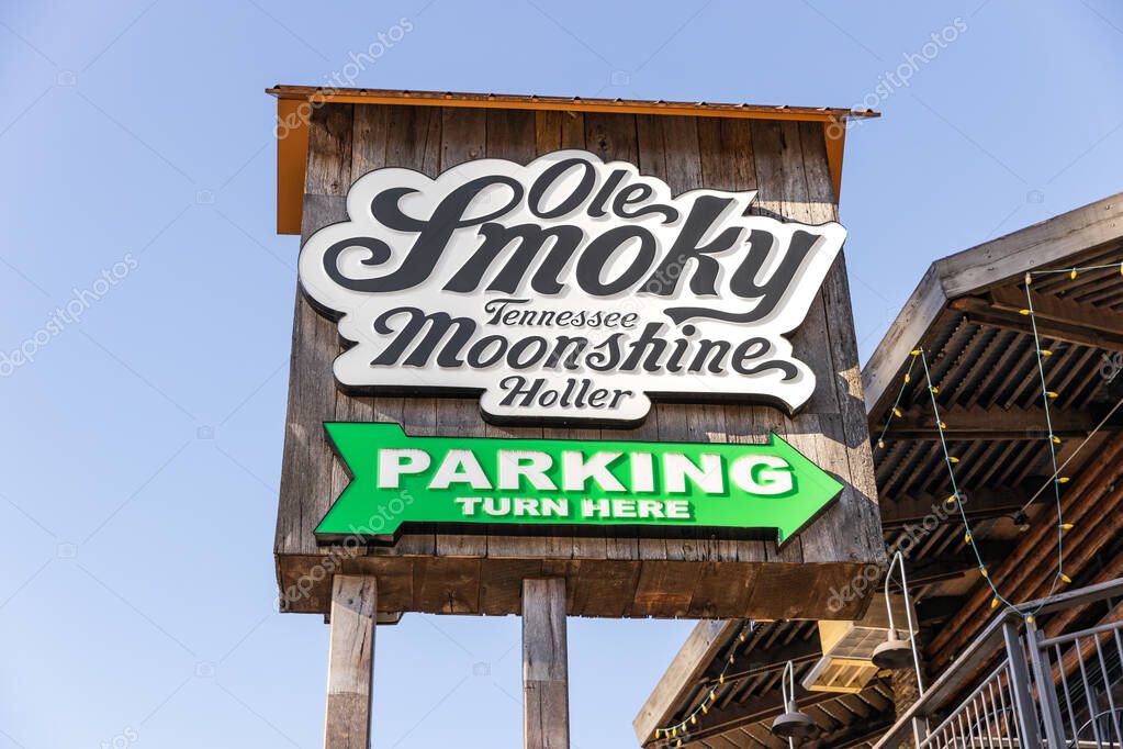 GATLINBURG, TN, USA - MARCH 28, 2021: The Ole Smoky Distillery is located in downtown Gatlinburg, featuring the original distillery location for the popular moonshine brand.