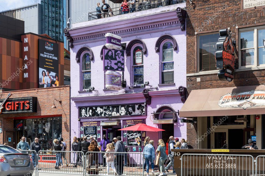 NASHVILLE, TN, USA - MARCH 28, 2021: Tootsie's Orchid Lounge is a world famous, historical country music saloon in the heart of downtown and across the alley from Ryman Auditorium.