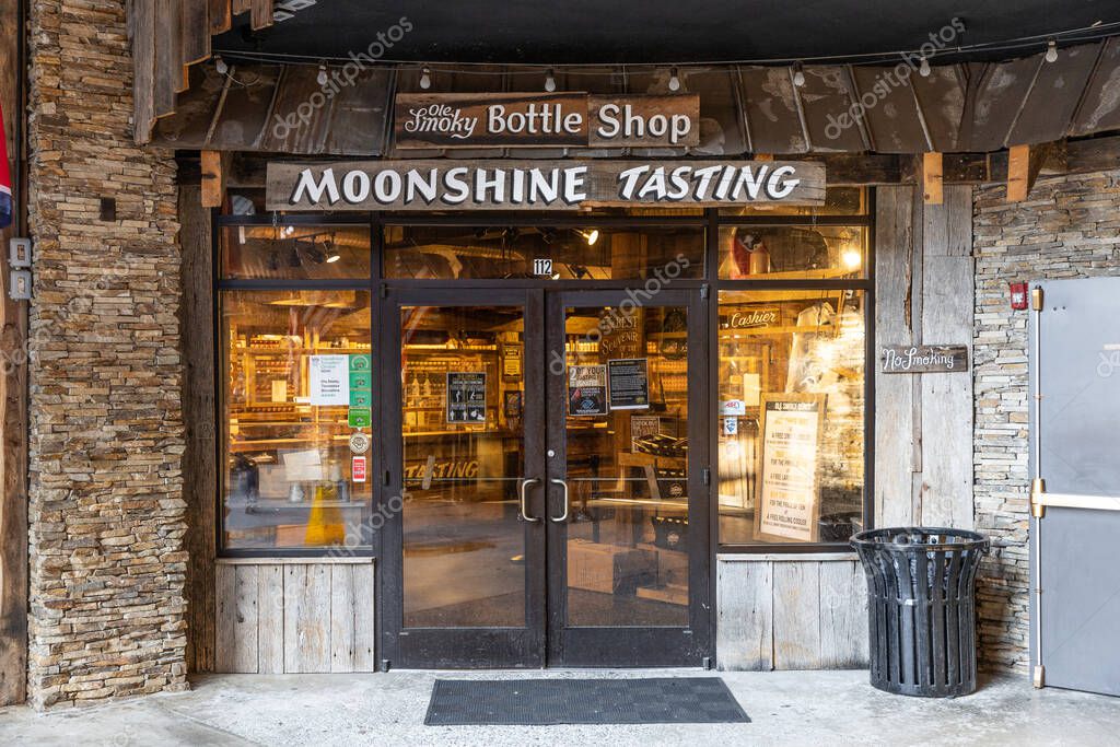 GATLINBURG, TN, USA - MARCH 28, 2021: The Ole Smoky Distillery is located in downtown Gatlinburg, featuring the original distillery location for the popular moonshine brand.