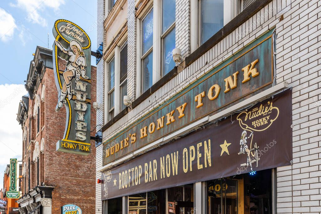 NASHVILLE, TN, USA - MARCH 28, 2021: Nudie's HonkyTonk is the longest running bar in downtown Nashville featuring live music, food, drinks, and a rooftop bar.