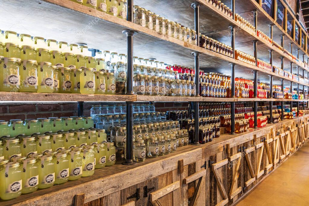 NASHVILLE, TN, USA - MARCH 28, 2021: The Ole Smoky Distillery, located in downtown Nashville, is known for its variety of moonshine flavors.