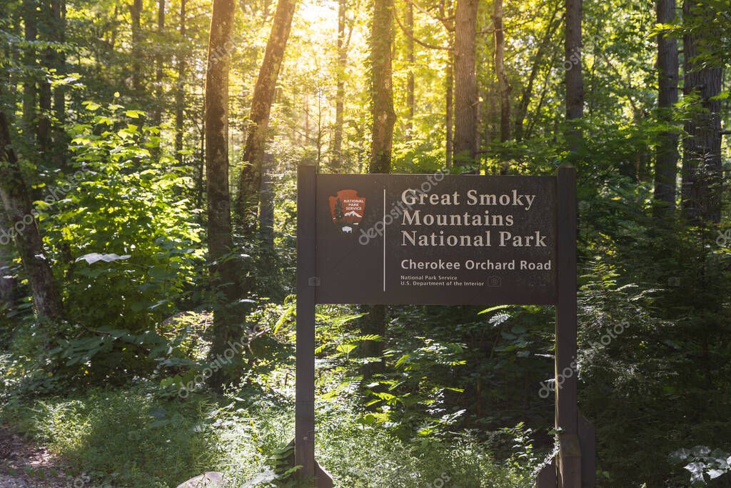 GATLINBURG, TN, USA - AUGUST 1, 2022: A Great Smoky Mountains National Park sign on the side of the road.
