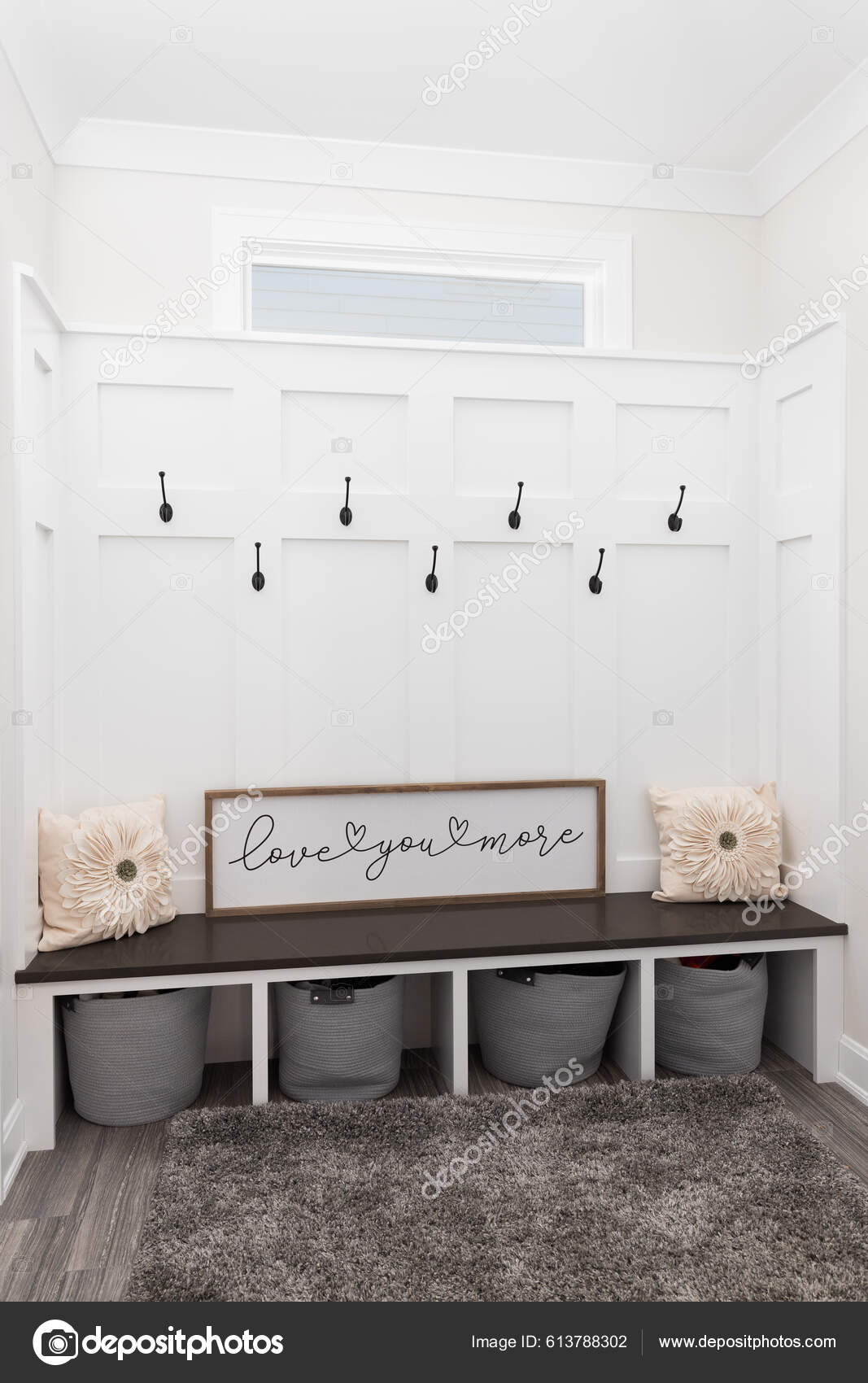 Cozy Mudroom Hooks Board Batten Walls Wooden Bench Seat Rug Stock Photo