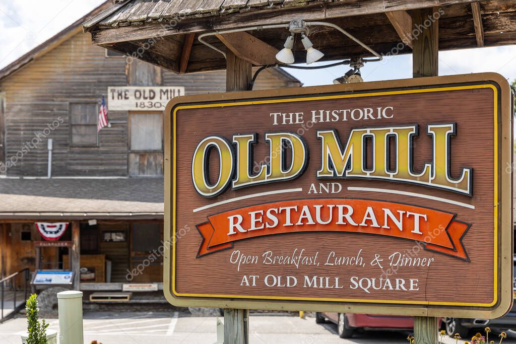 PIGEON FORGE, TN, USA - AUGUST 2, 2022: Old Mill Restaurant is a Southern restaurant in a historic building. It is listed on the National Register of Historic Places and the Tennessee Civil War Trail.