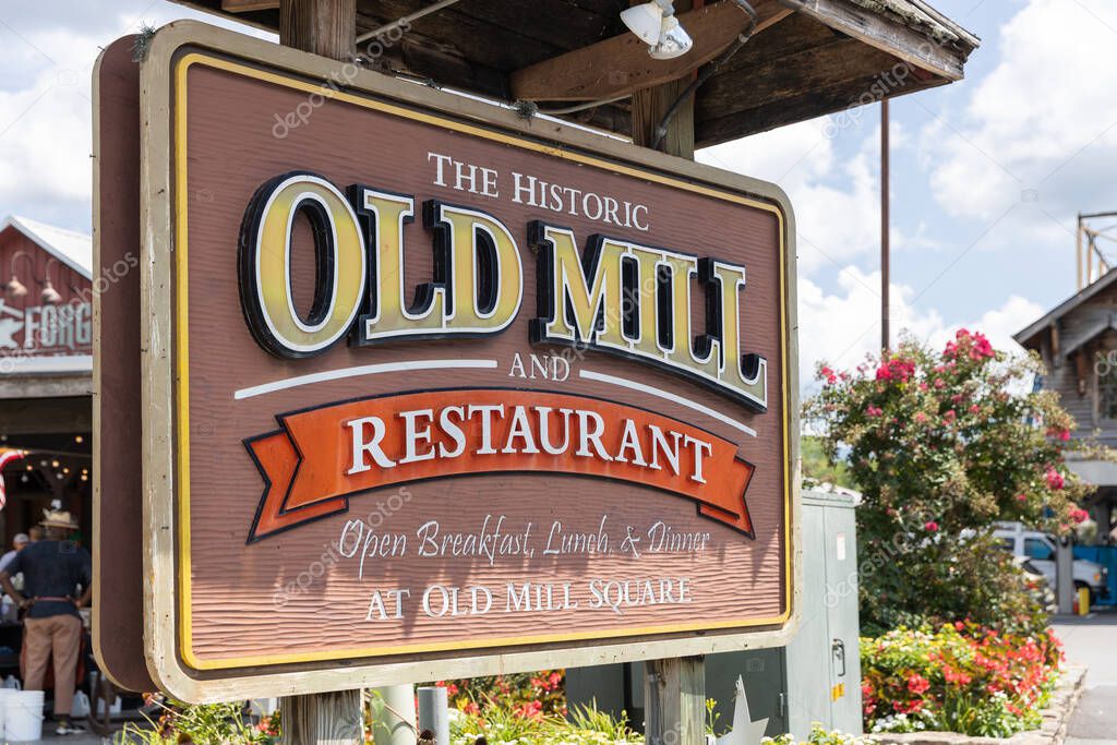 PIGEON FORGE, TN, USA - AUGUST 2, 2022: Old Mill Restaurant is a Southern restaurant in a historic building. It is listed on the National Register of Historic Places and the Tennessee Civil War Trail.