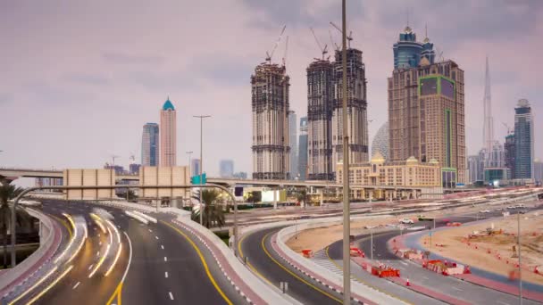 Sonnenuntergang Himmel Dubai Yachthafen Scheich Zayed Verkehrsstraßenpanorama Zeitraffer Vae — Stockvideo