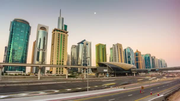 Sunset Sky Dubai Marina Sheikh Zayed Traffic Road Panorama Timelapse — Wideo stockowe