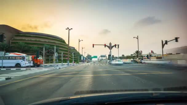 Sunset Dubai Abu Dhabi Οδικό Ταξίδι Αυτοκίνητο Πρώτου Προσώπου Πανόραμα — Αρχείο Βίντεο
