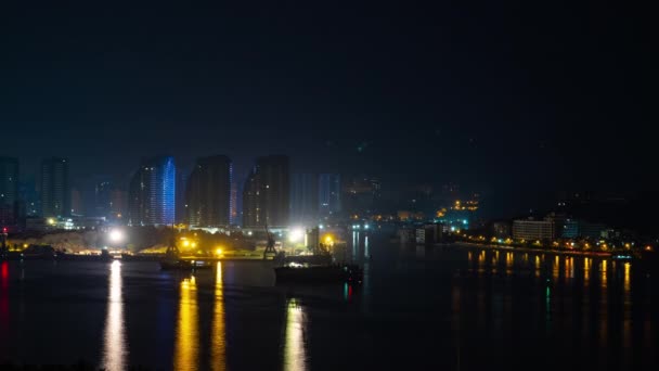 Night Illuminated Hainan Island Sanya Bay Apartment Complex Panorama Timelapse Royalty Free Stock Footage