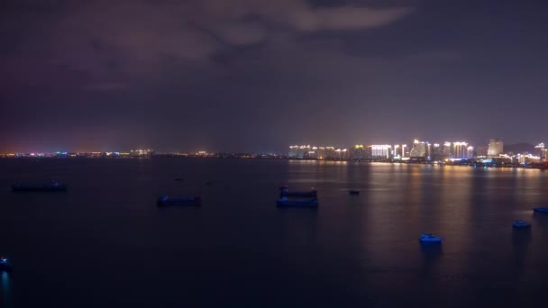 Noc Oświetlone Hainan Wyspa Sanya Zatoka Apartament Kompleks Panorama Timelapse — Wideo stockowe